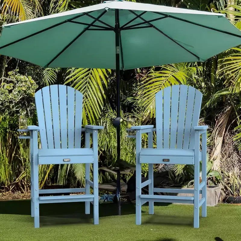 VINGLI Tall Adirondack Chair HDPE Adirondack Bar Stools with Cup Holder 1 PC, Poly Deck Chairs Outdoor Bar Stools, 350LBS (Blue, 1 PCS)