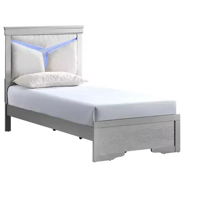 Silver Champagne Upholstered Twin Panel Bed with LED Headboard, Seats 1