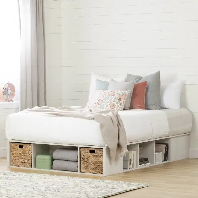 Storage Platform Bed With Wicker Baskets - Winter Oak