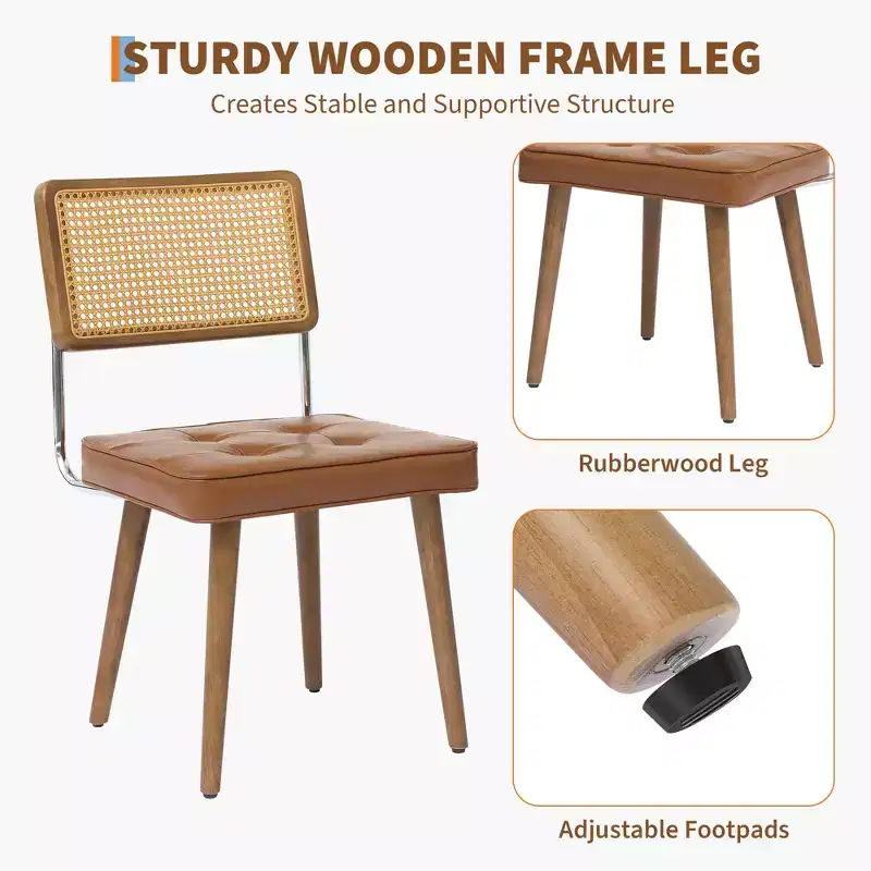 Modern Rattan Dining Chair - Soft Upholstered Seat, Tall Cane Backrest, Solidly Wood Legs - Sturdy Side Chair for Dining Room, Kitchen, or Restaurant