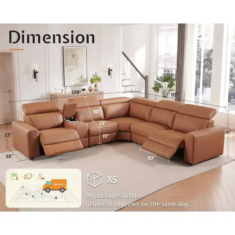 AMERLIFE Power Reclining Sofa with Console, Dual Electric Recliners, Leather Sectional Couch for Living Room, Brown