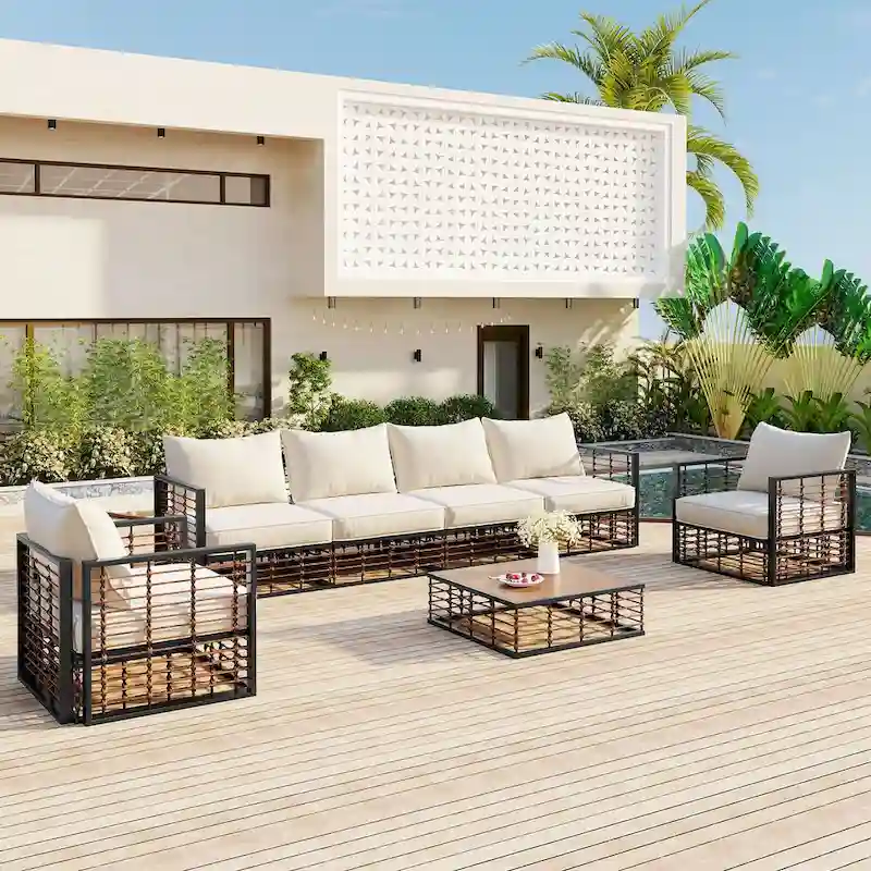 7-Piece Metal Patio Sectional Sofa Set, All-Weather Garden Conversational Furniture Set with Thick Cushions and Coffee Table