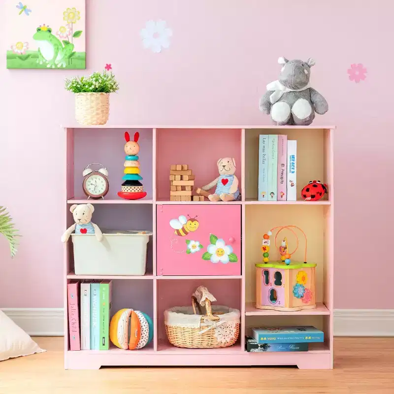 Adjustable 3x3 Cube Kids' Bookshelf with Door, Pink Garden Print, 9 Compartments