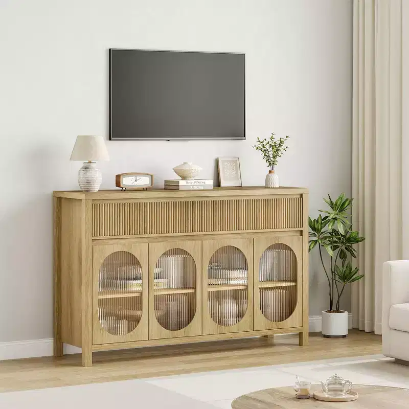 Natural Oak Sideboard Buffet Cabinet, 4 Glass Doors & 2 Fluted Drawers