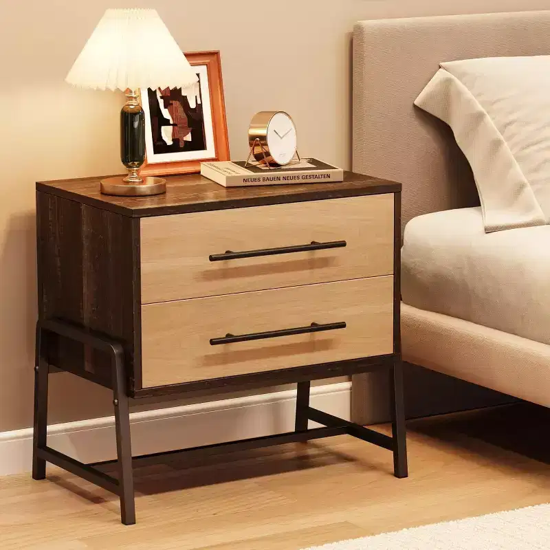 DobleePy 24 Dark Brown Farmhouse Nightstand, 2-Drawer Light Wood Side Table with Metal Legs, Bedroom Living Room Bedside Table