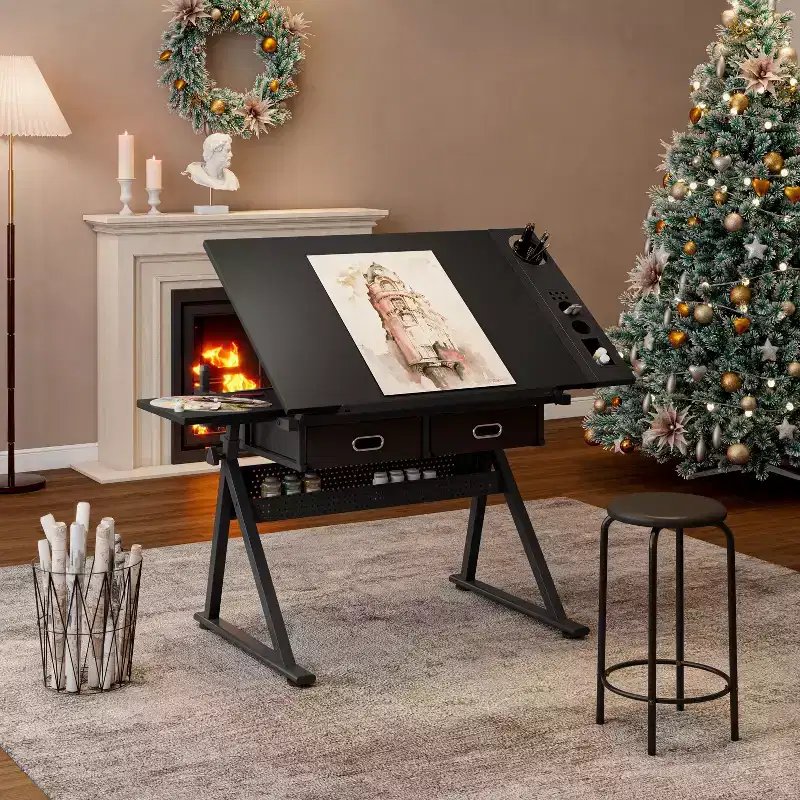 Wooden Adjustable Drawing Drafting Table with 2 Drawers & Shelf,Office & School Drawing Drafting Desk for Adults/Teens