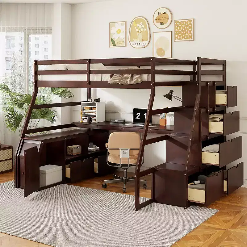 Full Size Loft Bed with 7 Drawers, 2 Shelves and Desk, Solid Construction