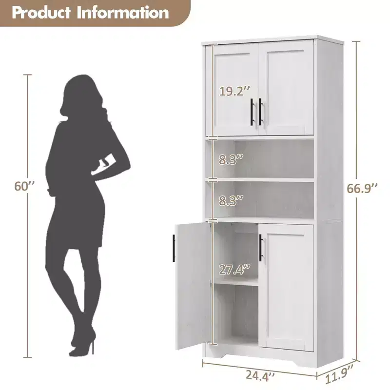 Coolmee 67 inch Tall Storage Cabinet, Bathroom Cabinet with 4 Doors and Adjustable Shelves, Kitchen Pantry Cabinets, Cupboard for Living Dining
