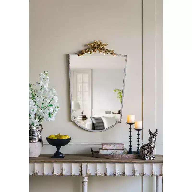 Octagon Arched Wall Mirror with Ivory Frame and Gold Floral Crown