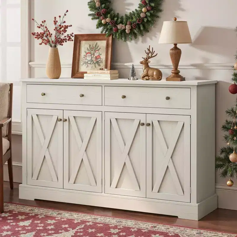 MAYEERTY Vintage Storage Cabinet with Two Drawers Four Door for Living Room Kitchen Bedroom White