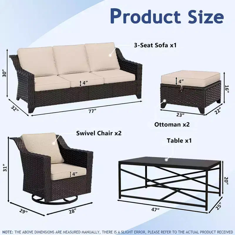 UPTIOT 6-Piece Outdoor Patio Set: 2 Swivel Chairs, 3-Seat Sofa, Coffee Table & 2 Ottomans