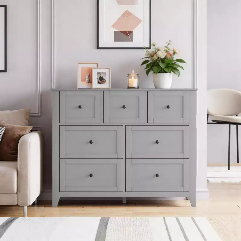 Modern 7-Drawer Dresser  Wood Organizer with Round Handles, Deep Drawers for Ample Storage, for Bedroom, Living Room, or Entryway