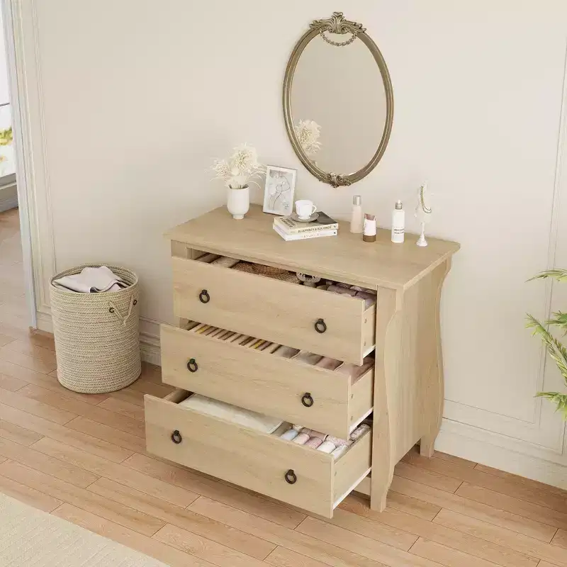 3-Drawer Dresser - Tall Boho Dresser with Curved Legs, Rattan Accents, and Freestanding Storage (30 L x 15.8 W x 29.3 H)