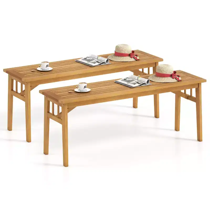 Costway 2 PCS Acacia Wood Outdoor Bench 48 Long Backless Wooden Picnic Bench w/ Slatted Seat