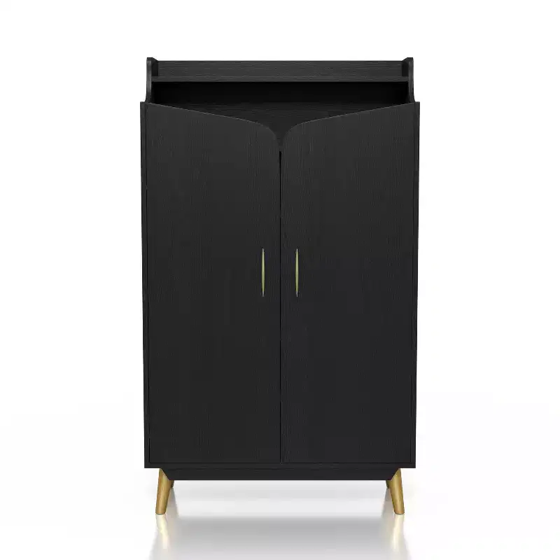 Double Door Shoe Cabinet – Holds 15 Pairs, Adjustable Shelves, Mid-Century Black