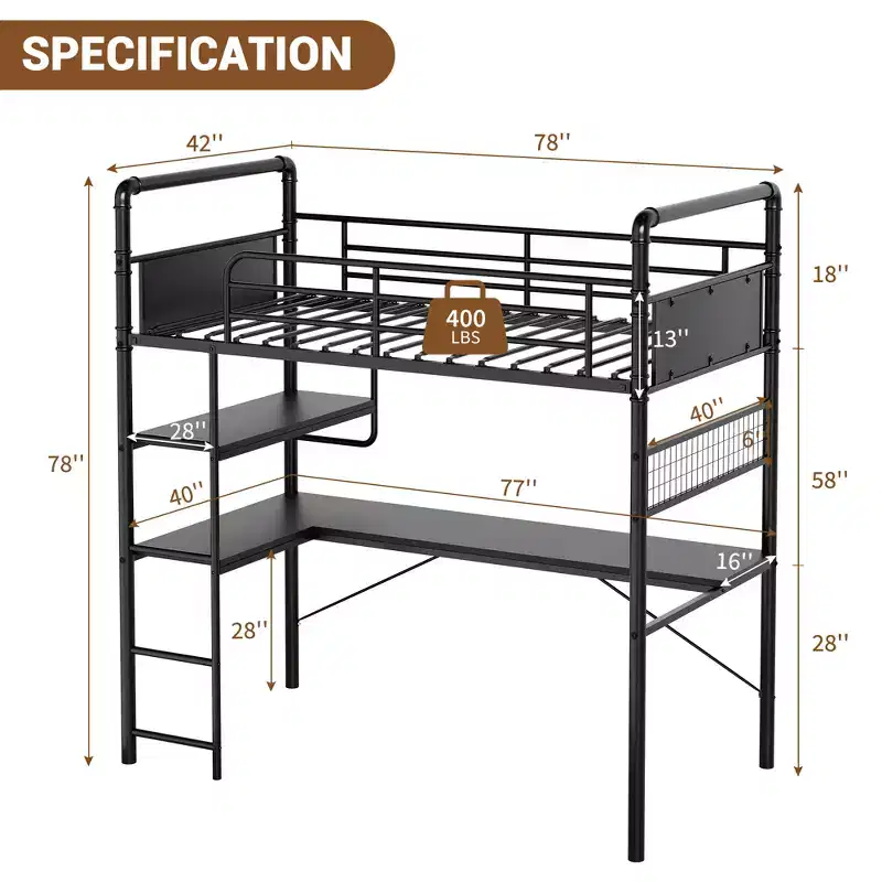 COZONY Twin Loft Bunk Bed with L-Shaped Desk, Metal High Loft Bed with Guardrail & Ladder, Space-Saving Workstation for Kids, Teens, Adults