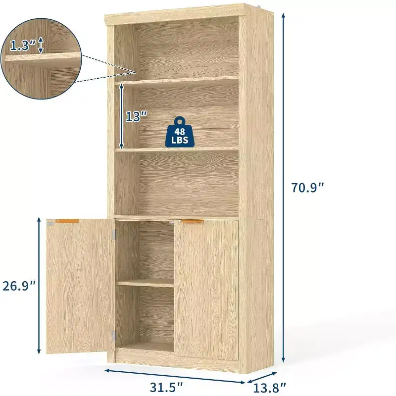 2 Set Tall Book Shelf and Bookcase, Wooden Bookcase with Doors, 5-Shelf Bookcases with Adjustable top Shelve for Home Office, Living Room