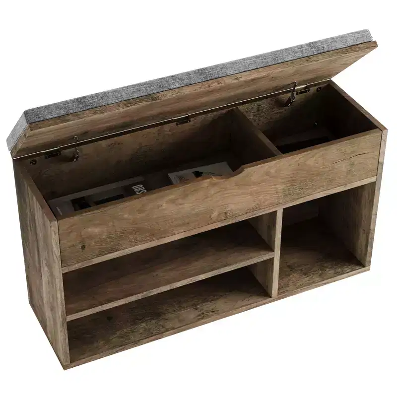 Brown padded shoe cabinet with two shelves for storage, suitable for entrance, living room, bathroom