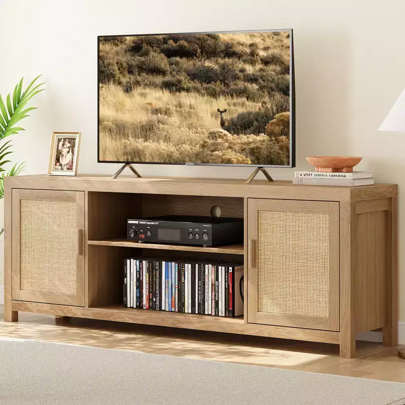 Rattan TV Stand for 75 inch, Boho Entertainment Center with Adjustable Shelves, Natural Oak TV & Media Cabinet 2-Tier Storage for Living Room Bedroom