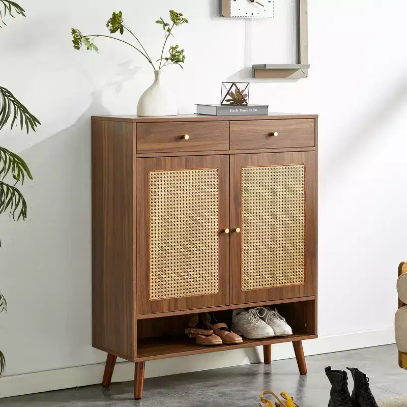 Okak Mid-Century Wood-Colored Rattan Design Shoe Cabinet SideBoard with Doors & Drawers,Freestanding Shoe Rack for Foyer,Entrances
