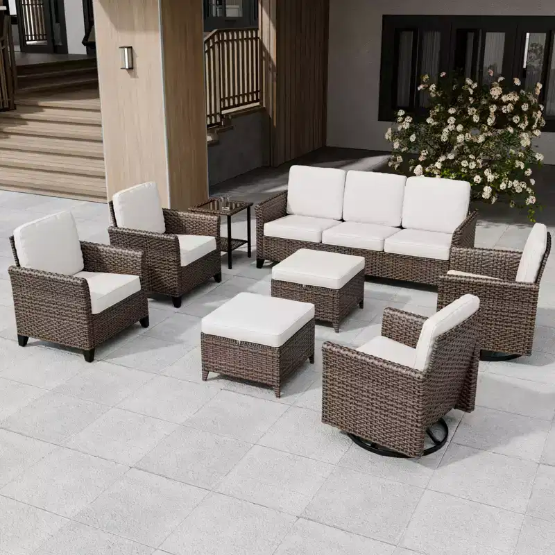 EAGLE PEAK Ocean Vista 8 piece Patio Variated Brown Wicker Sofa Set Dining Chairs, Swivel Chairs