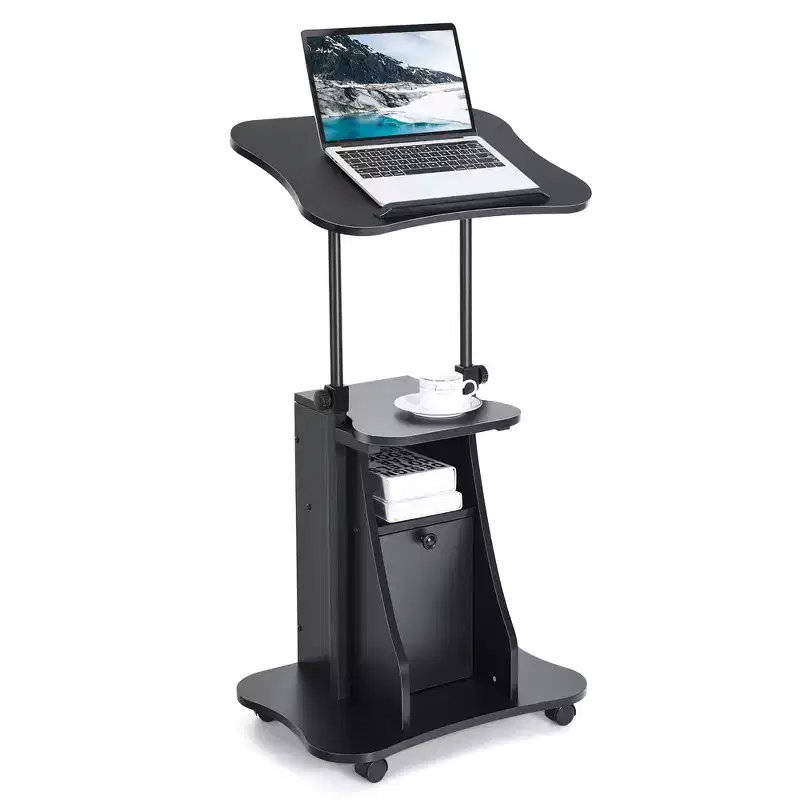 Costway Mobile Podium Stand Office Laptop Cart with Storage Adjustable Height White/Black
