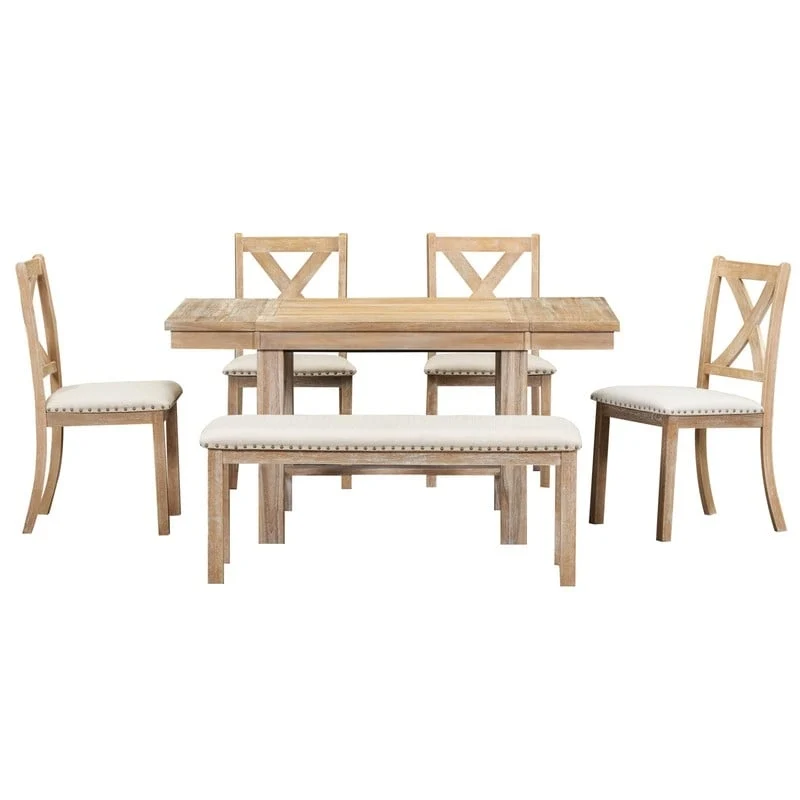 6-Piece Dining Kitchen Table Set, Extendable Wood Dining Table, 4 Upholstered Dining Chairs and Bench, Two 11 Removable Leaf