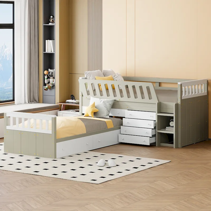 L-shaped Space-Saving Loft and Platform Bed with 7 Drawers and Full Guardrails