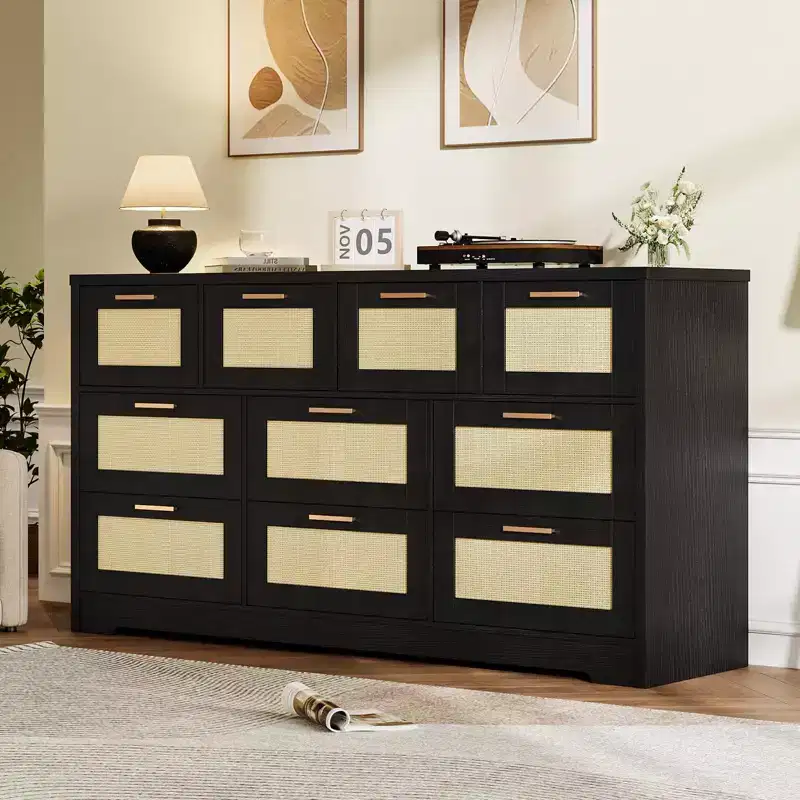 10-Drawer Dresser for Bedroom, Rattan Farmhouse Chest with Handles, Freestanding Wooden Storage Cabinet for Living Room, Closet, Entryway