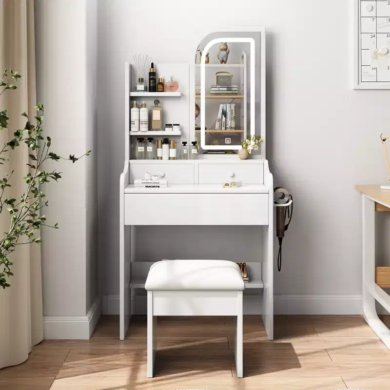 Makeup Vanity Desk Vanity Table Dressing Table with Chair, 3-Mode Lighted Mirror, Drawers & Open Shelves, White - ModernLuxe