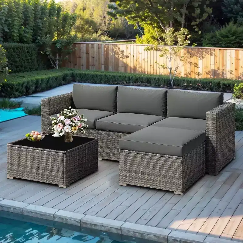 5-Piece Patio Furniture Set, Wicker Modular Outdoor Sectional Sofa with Cushions and Coffee Table, Grey