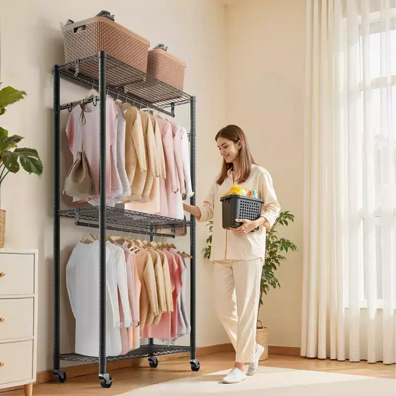 Rolling Clothes Rack, Heavy Duty Clothing Garment Rack, 3 Adjustable Tiers Clothing Racks with Carbon Steel