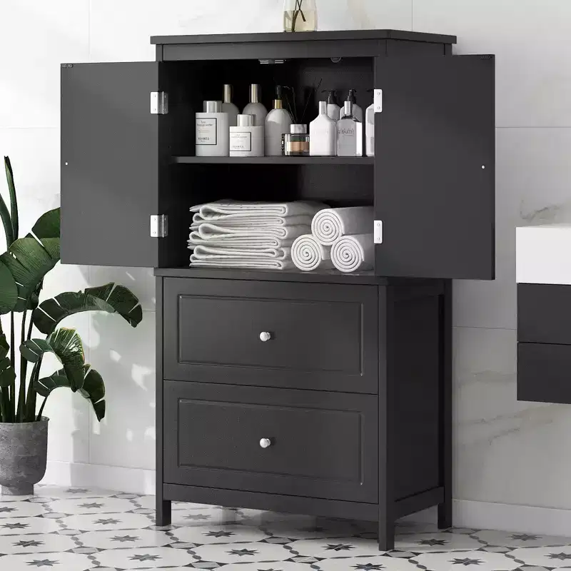 Bathroom Storage Cabinet Cabinet with Two Doors and Drawers Adjustable Shelf MDF Board Black