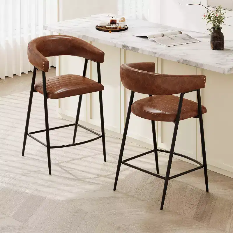 26-inch faux leather bar stool with metal frame, footrest, brown