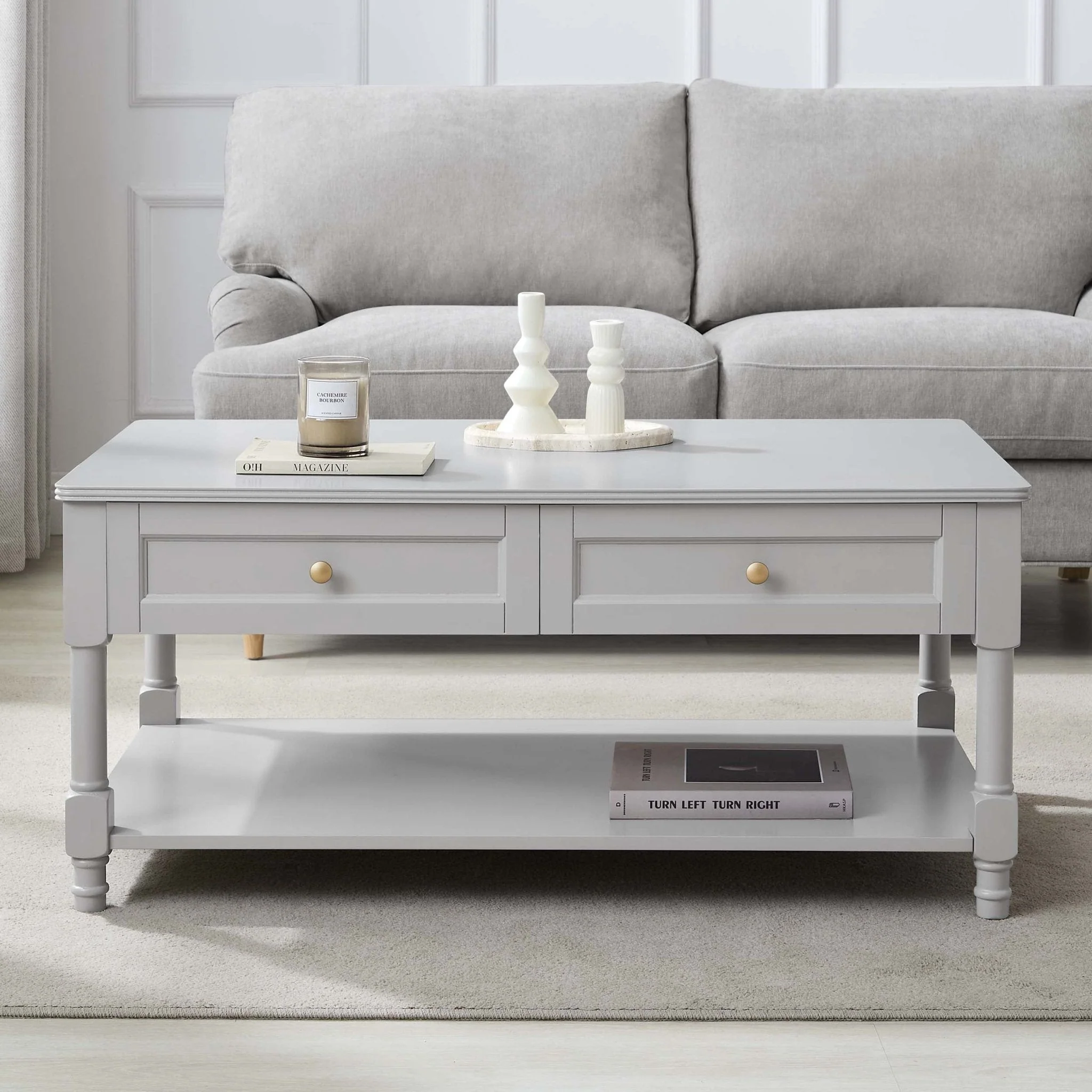 Classic Light Grey Painted Coffee Table with Drawer Storage for Living Room