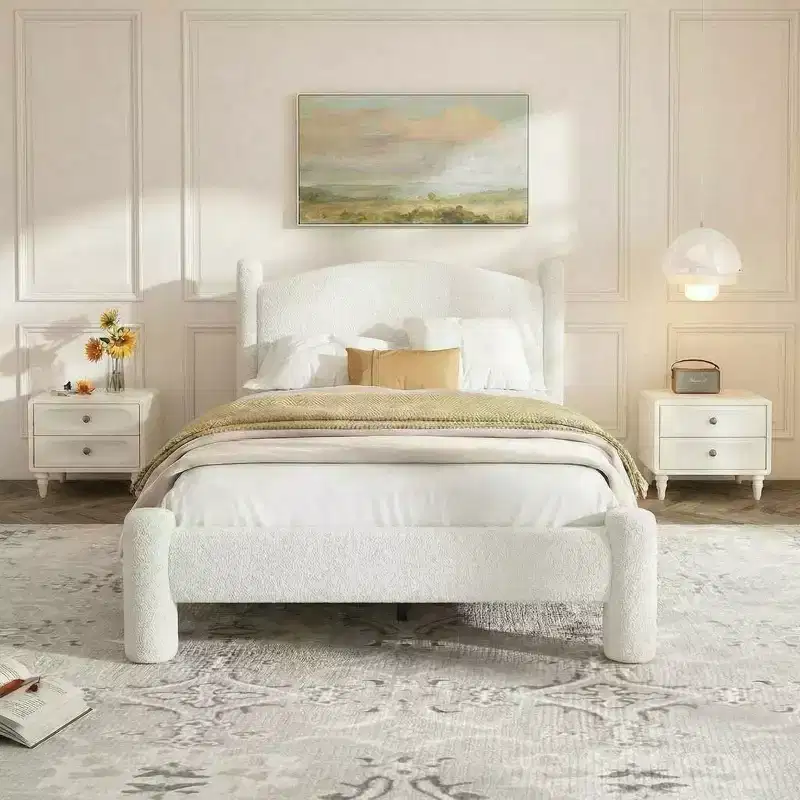 Boucle Bed Frame, Upholstered Platform Cloud Bed with Soft Round Headboard & Sturdy Legs, No Box Spring Needed, White Easy Assembly Mattress Bedframe