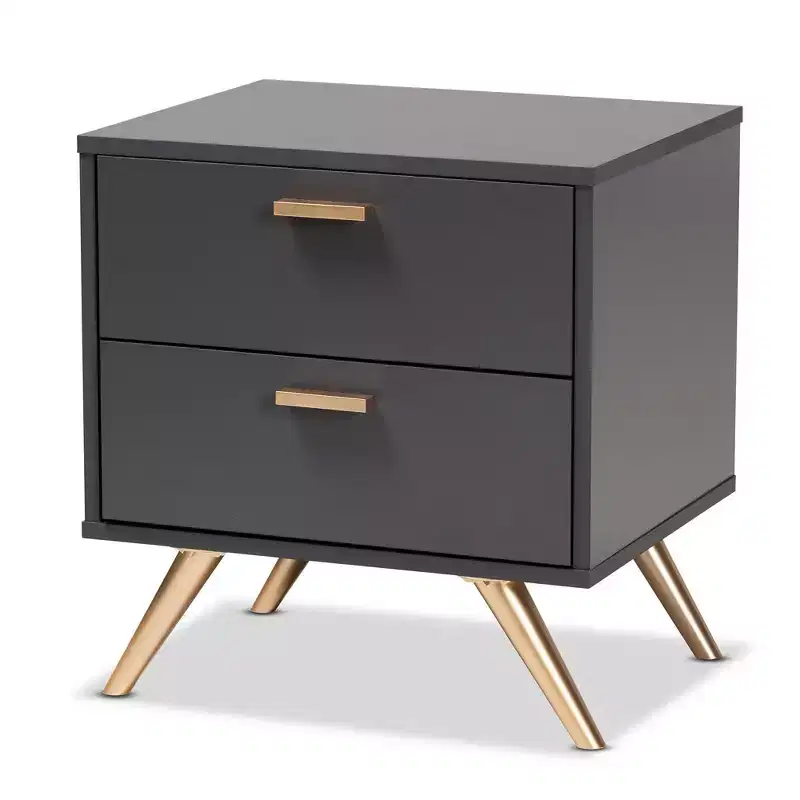 Kelson Wood 2 Drawer Nightstand Dark Gray/Gold - Baxton Studio: Modern Bedside Furniture, Gold-Tone Legs