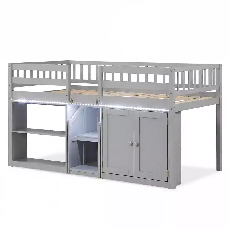 Twin Low Loft Bed with LED Light, Stairs & Guardrails, Modern Pine Wood Kids Bed, White/Mint/Gray