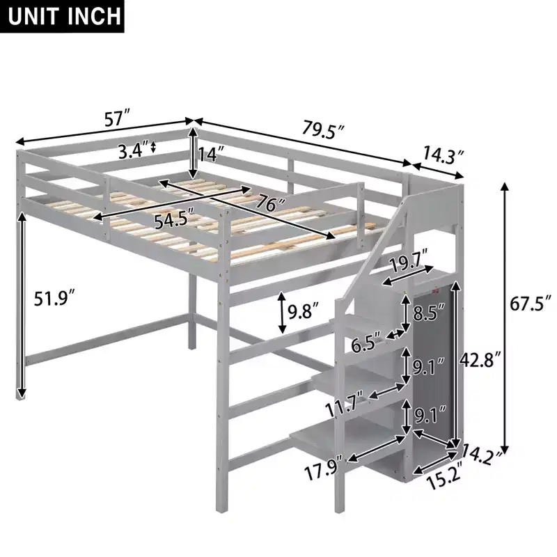 Full Size Wooden Loft Bed with Built-in Storage Wardrobe and Staircase, Multi-Functional Loft Bed with Staircase and Guardrails
