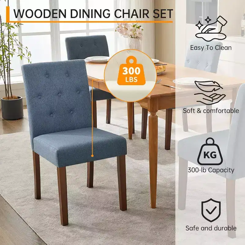 Dining Chairs Set of 4, Button Tufted Parsons Chairs with Wood Legs and Padded Seat, Modern Fabric Side Chairs for Dining Room Kitchen, Blue