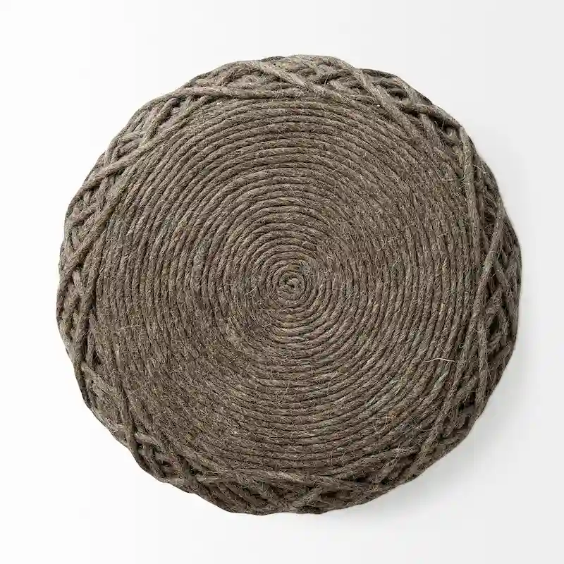 Handwoven Brown Wool Round Pouf with Diamond Weave Pattern