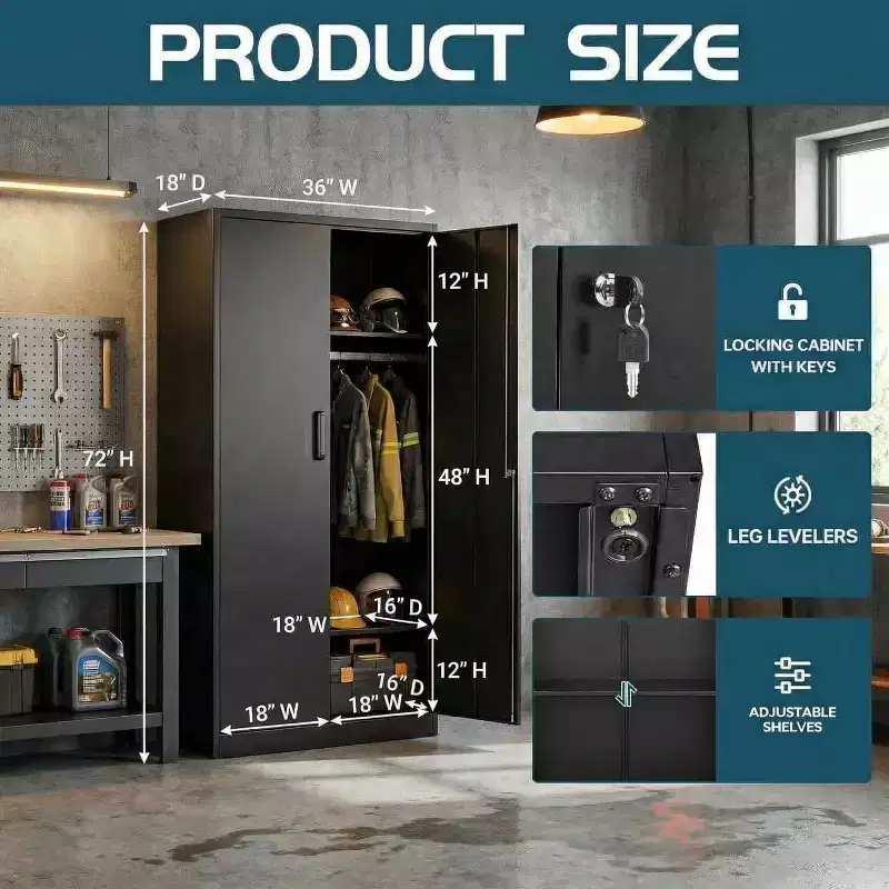 Metal Storage Wardrobe with 2 Shelves & Clothing Rod - 0.6mm Cold Rolled Steel, Bedroom Closet Cabinet