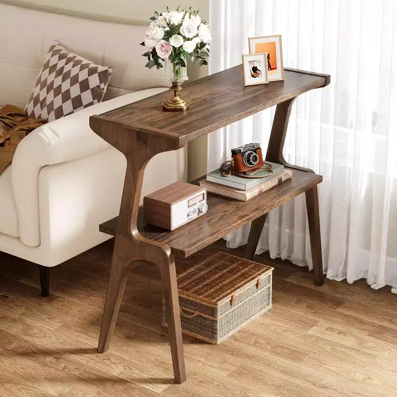 Lantine 2-Tier End Table, Slim Sofa Side Table with Storage Shelf, Rustic Brown