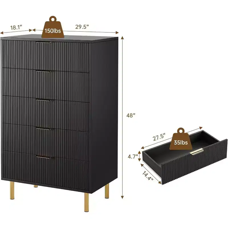 COZONY 5 Drawer Dresser - 48 Tall Modern Chest with Gold Metal Handles, Fluted Wooden Panels, Anti-Tipping Device for Bedroom, Living Room, Hallway