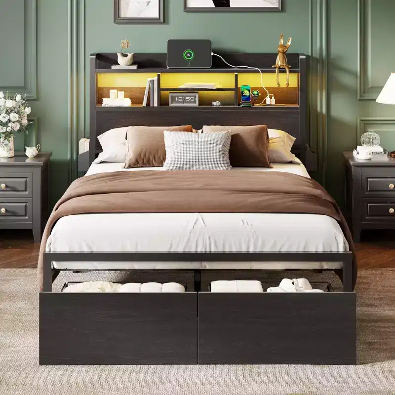 Full Size Platform Bed Frame with Storage Drawers Headboard Shelf LED Lights Charging Station Industrial Black Metal No Box Spring Needed Teen