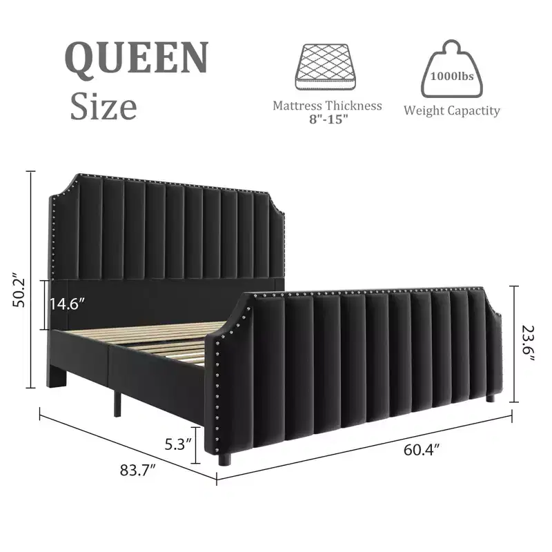Tufted Headboard & Footboard - 50.2 Wingback Tall Headboard Footboard-Deep Button Tufted-Easily Assemble-Nailhead Trim