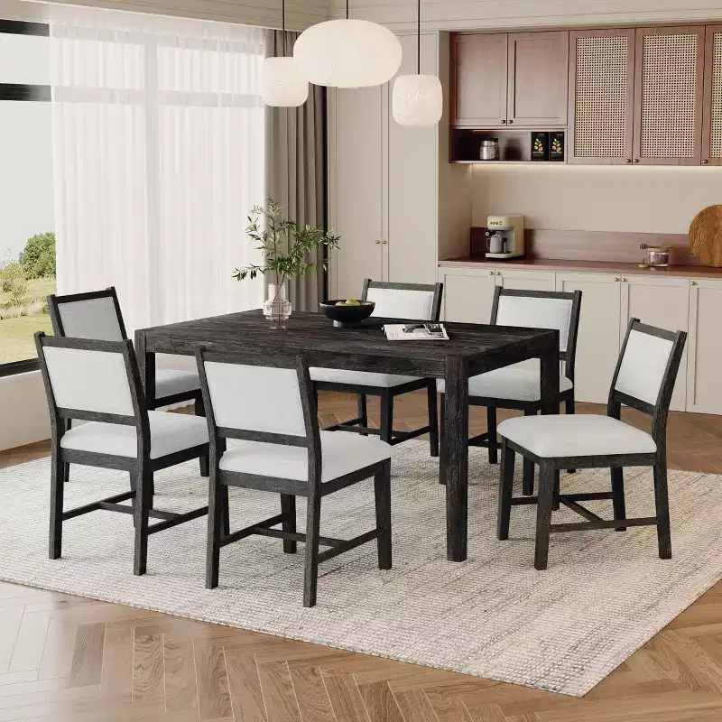7-Piece Retro Dining Set with Rectangular Table and 6 Upholstered Chairs