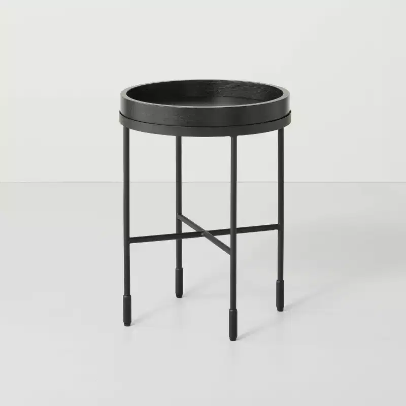 Wood & Metal Round Accent Side Table - Black