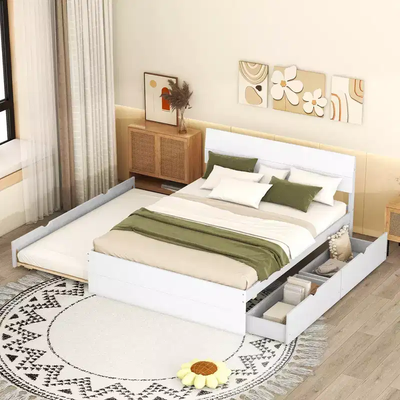 Twin/Full Size Platform Bed Frame with Twin Size Trundle / 2 Drawers, White/Light Oak-ModernLuxe