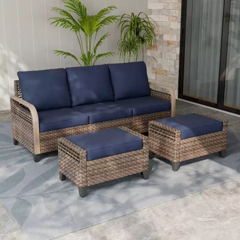 EAGLE PEAK Outdoor Rattan Furniture Set, Wicker Patio Couch, PE Rattan 3-Seat Sofa with Ottoman